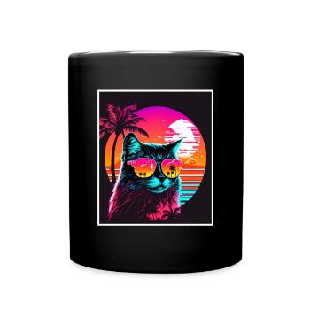Vaporwave Retro Cat Cat Animal Motif Plage Neon - Mug uni - noir - Devant