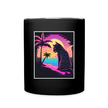 Vaporwave Retro Cat Cat Animal Motif Plage Neon - Mug uni - noir - Devant