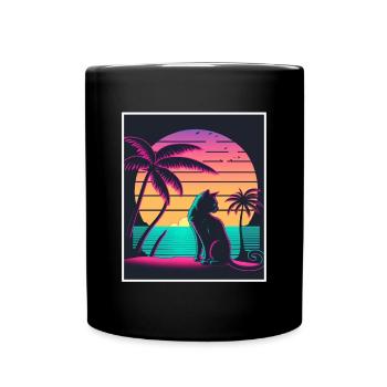 Vaporwave Retro Cat Cat Animal Motif Plage Neon - Mug uni - noir - Devant