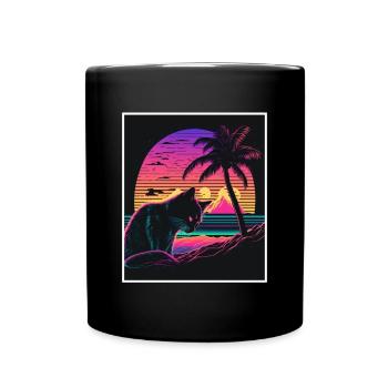 Vaporwave Retro Cat Cat Animal Motif Plage Neon - Mug uni - noir - Devant