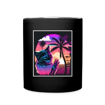 Vaporwave Retro Cat Cat Animal Motif Plage Neon - Mug uni - noir - Devant