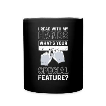 Je lis avec mes mains. Quelle est votre spécialité - Mug uni - noir - Devant