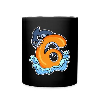 6 Jahre alt - 6. Geburtstag mit Tier Motiv - Hai - Tasse einfarbig - Schwarz - Vorne