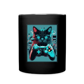 Cats and Gaming Cat Kitten Controller Gaming - Full Colour Mug - black - Front