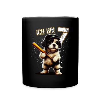 Kinder Geburtstag 7 Jahre - Baseball und Hunde - Tasse einfarbig - Schwarz - Vorne