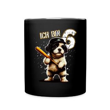 Kinder Geburtstag 6 Jahre - Baseball und Hunde - Tasse einfarbig - Schwarz - Vorne