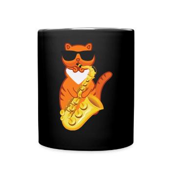 Funny Cat Wearing Sunglasses Playing Saxophone For - Full Colour Mug - black - Front