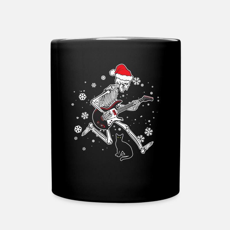 Skelett spielt E-Gitarre Katze Weihnachtsmütze - Tasse einfarbig - Schwarz