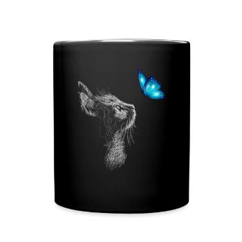 Cat Line Art With Butterfly Cat Drawing Cat - Full Colour Mug - black - Front