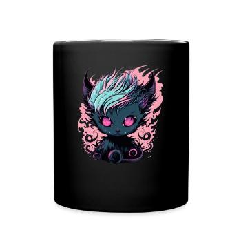 Anime Dämon Katze - Kawaii Gothic Katze Teufel - Tasse einfarbig - Schwarz - Vorne