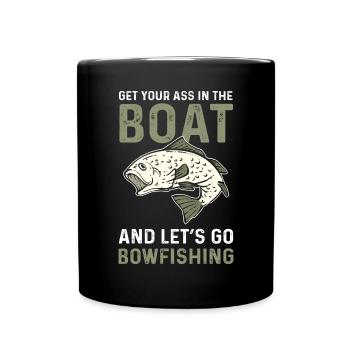 Kegelfisch. Bogenjäger. Lass Uns Bowfishing Gehen - Tasse einfarbig - Schwarz - Vorne