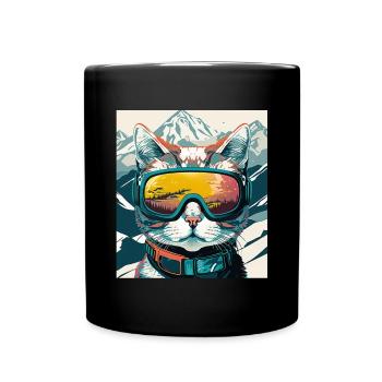 Winter Cat Ski Snowboard Snow Kitten - Full Colour Mug - black - Front