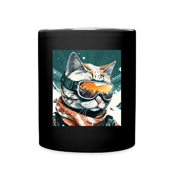Winter Cat Ski Snowboard Snow Kitten - Full Colour Mug - black - Front