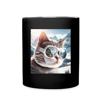 Winter Cat Ski Snowboard Snow Kitten - Full Colour Mug - black - Front