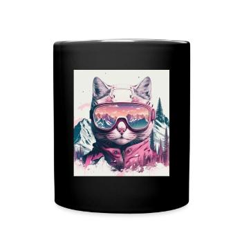 Winter Cat Ski Snowboard Snow Kitten - Full Colour Mug - black - Front