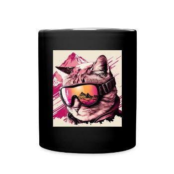 Winter Cat Ski Snowboard Snow Kitten - Full Colour Mug - black - Front