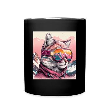 Winter Cat Ski Snowboard Snow Kitten - Full Colour Mug - black - Front