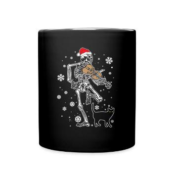 Skelett spielt Violine Katze Weihnachtsmütze - Tasse einfarbig - Schwarz - Vorne