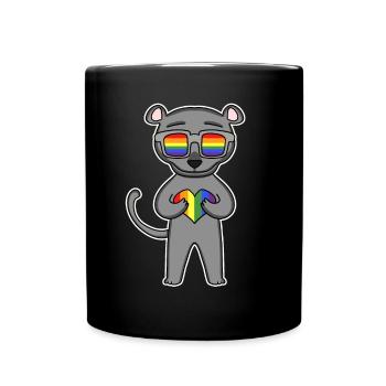 Regenbogen - Schwarzer Panther mit Brille und Herz - Tasse einfarbig - Schwarz - Vorne