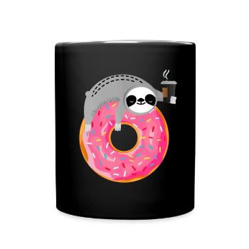 Faultier auf Donut mit Tasse dampfendem Kaffee - Tasse einfarbig - Schwarz - Vorne