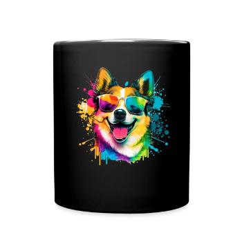 Colorful Happy Dog with Sunglasses in Watercolor - Tasse einfarbig - Schwarz - Vorne