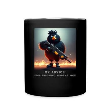 Angry black bird with an assault rifle - Full Colour Mug - black - Front