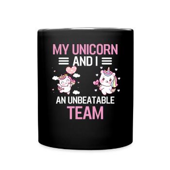Mein Einhorn und ich ein unschlagbares Team Tier - Tasse einfarbig - Schwarz - Vorne