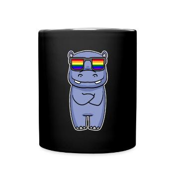 Regenbogen - Nilpferd mit Brille - Tasse einfarbig - Schwarz - Vorne