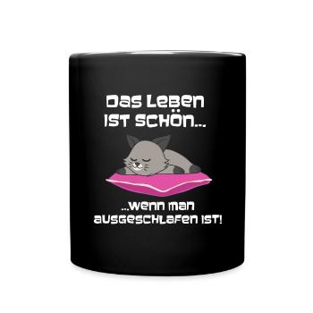 Ausgeschlafen Katze Schlafen - Tasse einfarbig - Schwarz - Vorne