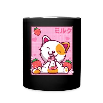 Kawaii Kätzchen Nette Katze Erdbeermilch Shake - Tasse einfarbig - Schwarz - Vorne
