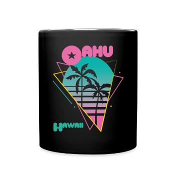 Retro Oahu Hawaii Palm Trees Surfing in the Ocean - Full Colour Mug - black - Front