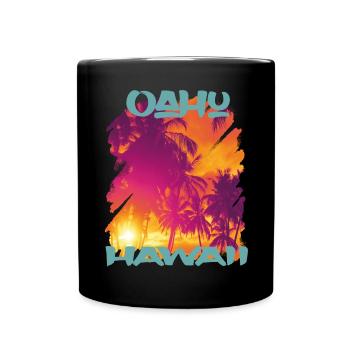 Retro Oahu Vacation Hawaii Palm Trees Beach Ocean - Full Colour Mug - black - Front