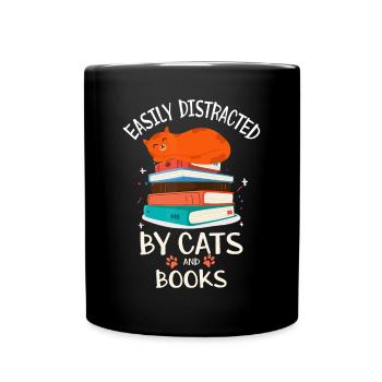 Easily Distracted By Cats And Books Cat Book Lover - Full Colour Mug - black - Front