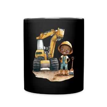Little construction worker girl with excavator - Full Colour Mug - black - Front