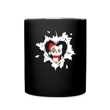 Cat with Christmas hat looks out of torn - Full Colour Mug - black - Front