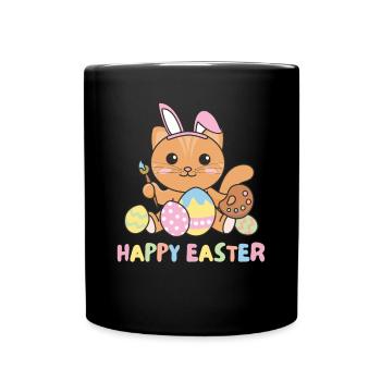 happy easter cute cat Easter with Easter eggs - Full Colour Mug - black - Front