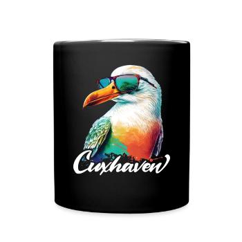 Cuxhaven Urlaub coole bunte Möwe mit Sonnenbrille - Tasse einfarbig - Schwarz - Vorne
