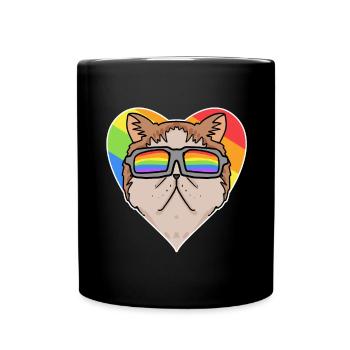 Regenbogen - Katze mit Brille und Herz - Tasse einfarbig - Schwarz - Vorne