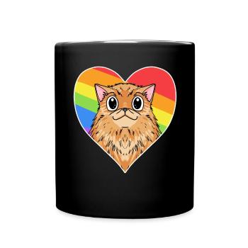 Regenbogen - Katze mit Herz - Tasse einfarbig - Schwarz - Vorne