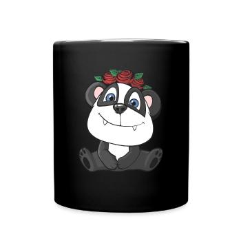 Niedlicher Panda mit Rosen - Tasse einfarbig - Schwarz - Vorne