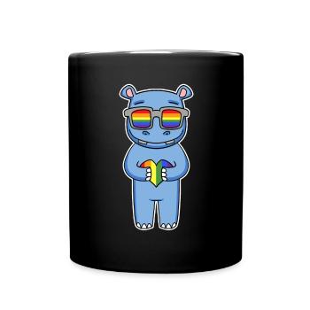 Regenbogen - Nilpferd mit Brille und Herz - Tasse einfarbig - Schwarz - Vorne