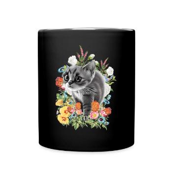 Katze Blumen - Tasse einfarbig - Schwarz - Vorne