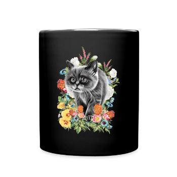 Katze Blumen - Tasse einfarbig - Schwarz - Vorne