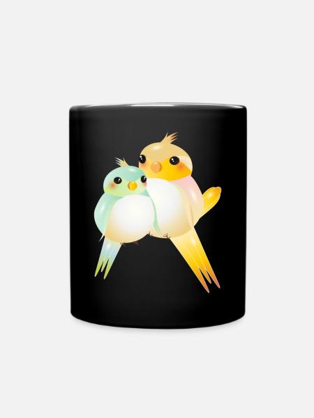 zwei rundliche Kanarienvögel im Kawaii Stil - Tasse einfarbig - Schwarz