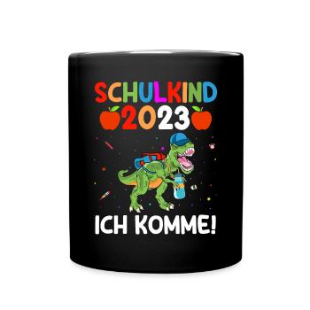 Schulkind 2023 Schulbeginn Dinosaurier Einschulung - Tasse einfarbig - Schwarz - Vorne