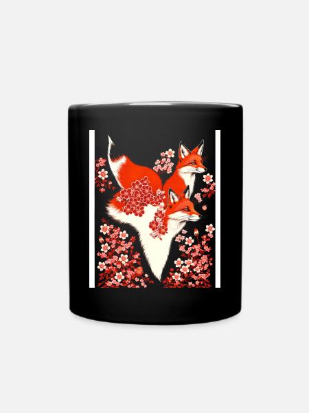 Ketut japanilainen kirsikankukka kukka kitsune kettu - Yksivärinen muki - musta