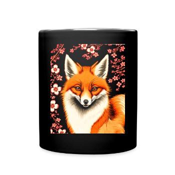 Foxes Japanese Cherry Blossom Flower Kitsune Fox - Full Colour Mug - black - Front
