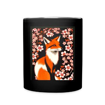 Foxes Japanese Cherry Blossom Flower Kitsune Fox - Full Colour Mug - black - Front