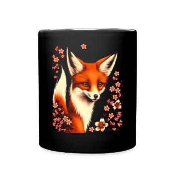 Foxes Japanese Cherry Blossom Flower Kitsune Fox - Full Colour Mug - black - Front