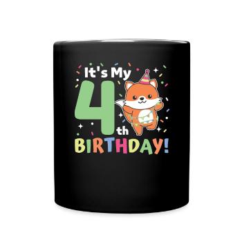 Fuchs zum 4. Geburtstag Kinder vier Jahre alt - Tasse einfarbig - Schwarz - Vorne